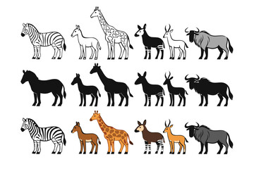 Fototapeta premium Comprehensive collection of African safari wildlife featuring zebras and giraffes in three distinct artistic illustration styles, showcasing diverse animal patterns and creative flat vector art.