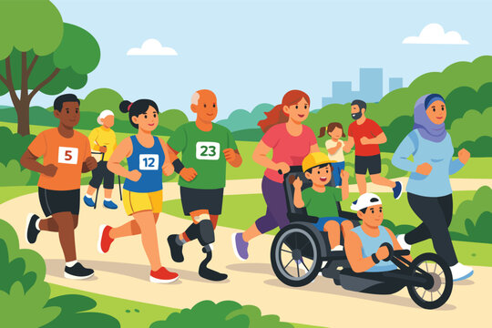 Diverse group of people participating in an inclusive charity marathon run through a city park with spectators cheering, community fitness event illustration in a simple flat vector style.