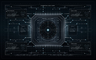 Obraz premium Dark futuristic circuit board interface with central chip node, circular scanner reticle, symmetric traces, signal panels, and glowing background