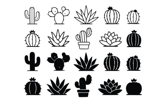 Set of black cactus and succulent icons in outline and silhouette styles. Various desert plant species including saguaro, agave, and prickly pear for nature themes, gardening apps, and botanical