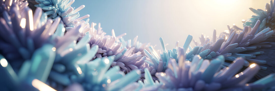 Closeup of crystalline structures in shades of blue and purple against a soft gradient background with sunlight