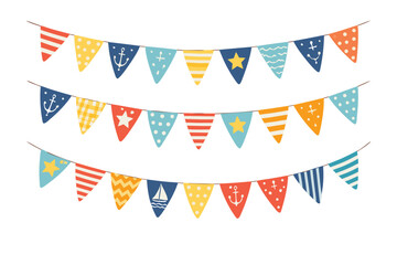 Obraz premium Swallowtail and Triangular Flags Bunting Collection with Different Geometric Patterns, Decorative Banner Illustration Isolated on White Background for Party, Celebration, and Event Decor.