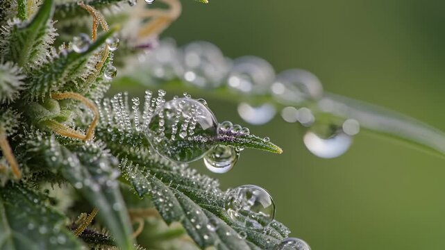 Closeup Macro Shot of Cannabis Bud Covered in Dew Drops.