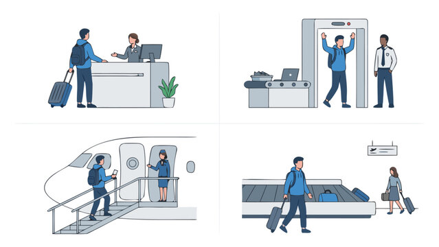 Global travel journey and airport departure story vector set with terminal check-in counter, security screening gate, waiting at lounge, and boarding airplane for international vacation.