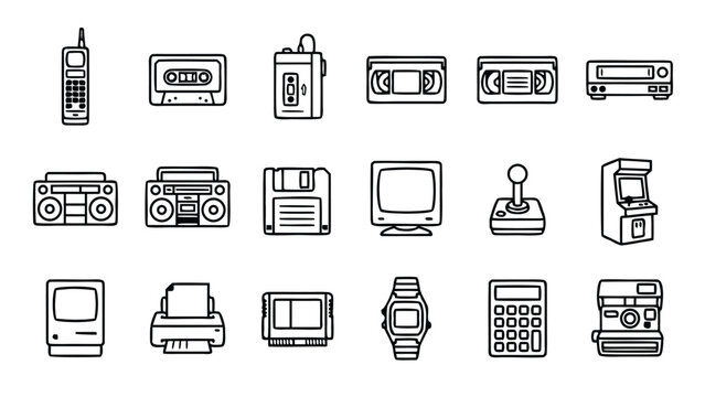 Comprehensive set of sixteen retro eighties technology line icons featuring nostalgic items like floppy disks, cassettes, vintage computers, arcade joysticks, and classic portable music players.
