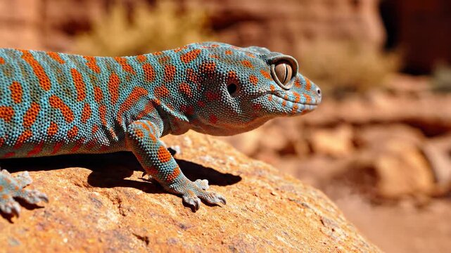 Vibrantly patterned gecko rests on a sun-baked rock