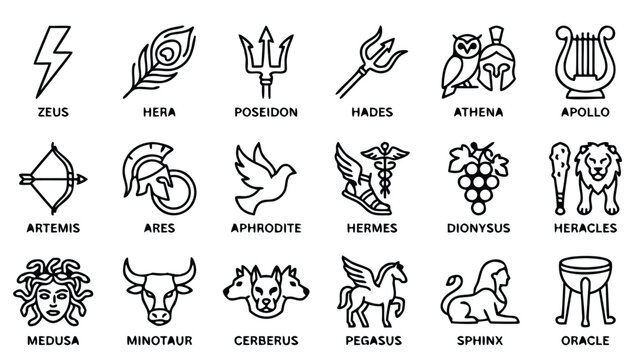 Minimalist Greek Mythology Line Icon Set Featuring Gods and Ancient Symbols in a Uniform Stroke Style for Modern Web Design, Educational Materials, and Creative Graphic Branding Projects.