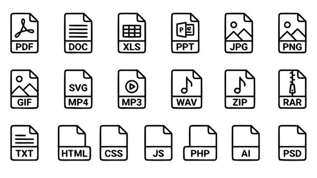 Versatile Set of 20 File Type and Document Format Line Icons in a Minimalist Vector Style with Uniform Strokes for Software Development, Data Management Systems, and Digital Interface Design.