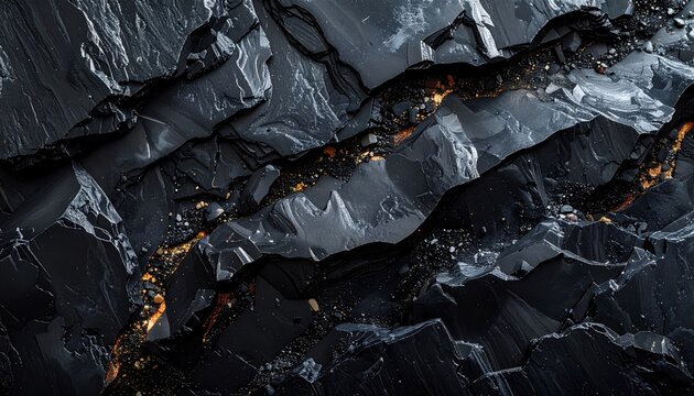 Abstract Dark Crystal Formation with Metallic Veins and Light Reflections.