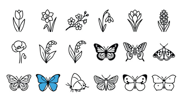 Minimalist line art set of sixteen spring flower and butterfly icons neatly ordered in a grid layout for elegant floral design seasonal nature branding and delicate botanical vector illustrations