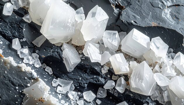 Close-up Macro Shot of Natural Quartz Crystals on Dark Rock Surface.
