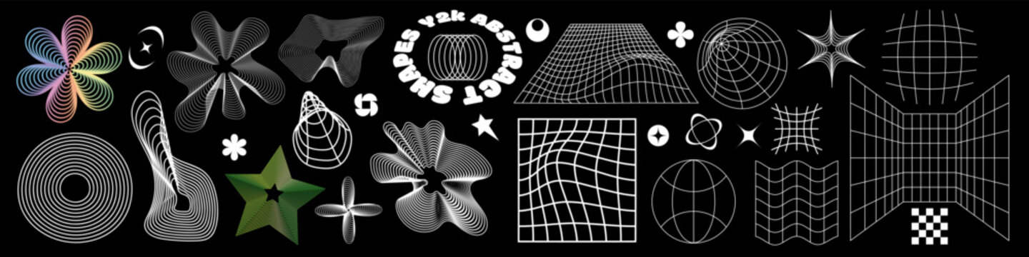 Y2K abstract shapes in retrofuturistic style. Psychedelic wireframe forms, perspective grid and cyberpunk vibes. Vector illustration on black backdrop.
