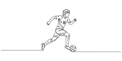 Fototapeta premium Continuous line drawing of a football player dribbling ball, line art vector illustration.