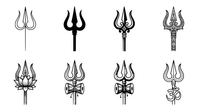 Various trident vector designs in black and white illustration styles