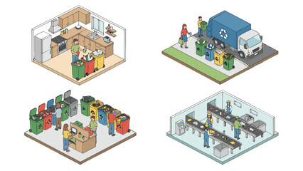 Fototapeta premium Ecological Waste Management and Recycling Isometric Vector Illustration Set Showing People Sorting Trash into Bins, Composting, and Promoting Environmental Sustainability and Green Living.