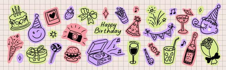Hand Drawn Birthday Party Doodle Sticker Set with Celebration Elements, Cute Retro Pastel Icons on Grid Background