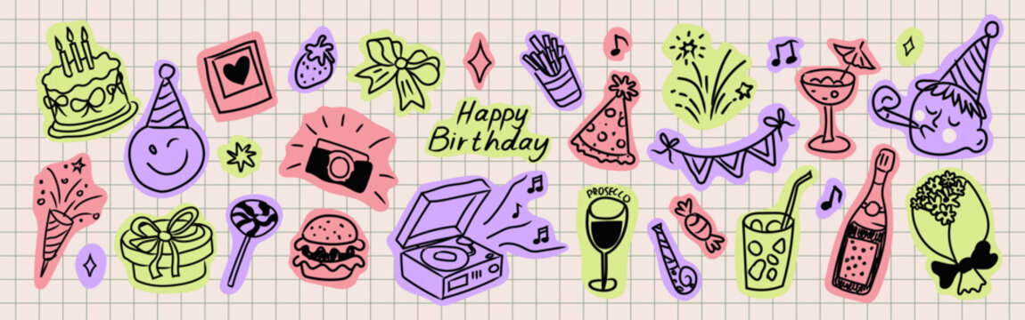Hand Drawn Birthday Party Doodle Sticker Set with Celebration Elements, Cute Retro Pastel Icons on Grid Background