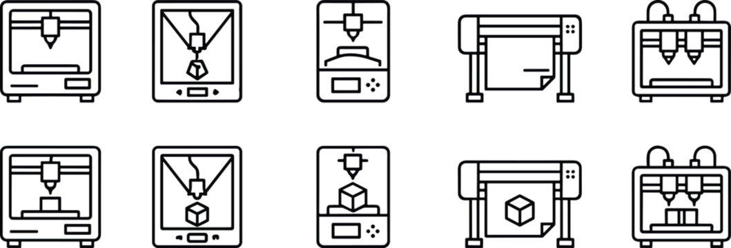 
3D Printer and Additive Manufacturing Machine Line Art Icon Set for Modern Technology Concepts