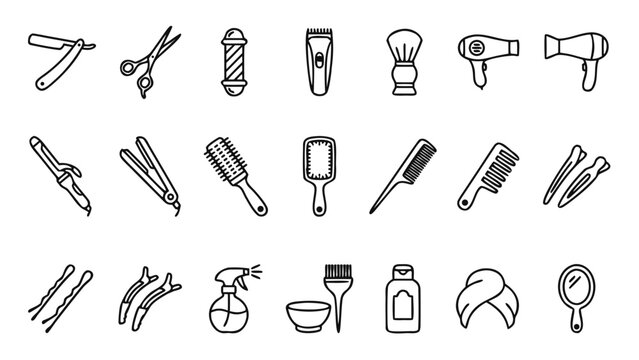 Hair salon and barber shop vector icon set featuring scissors, comb, hair dryer, razor, and grooming tools in a modern thin line stroke style for beauty parlor branding and service menus.