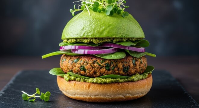 A vibrant vegan burger with avocado, spinach, red onion, and sprouts on a bun
