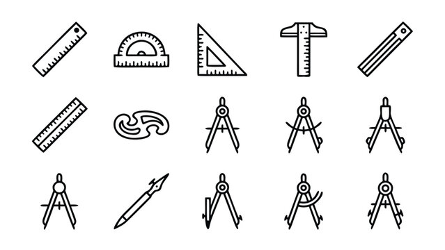 Minimalist line art vector icon set featuring twelve unique mathematics and geometry tools including precision rulers, compasses, protractors, and measuring instruments in a clean grid layout.