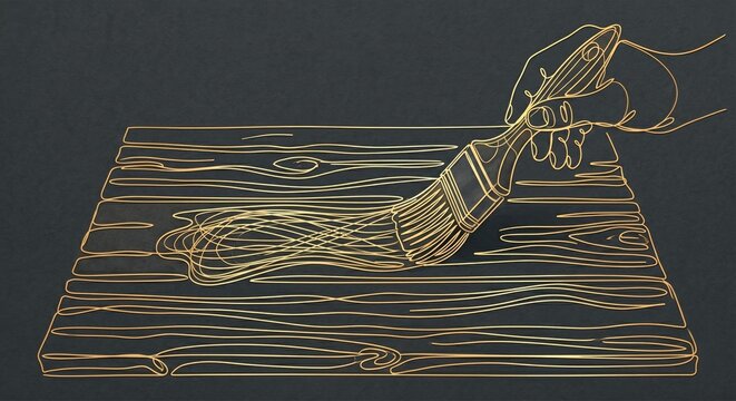 Golden wire sculpture on wooden board, abstract art
