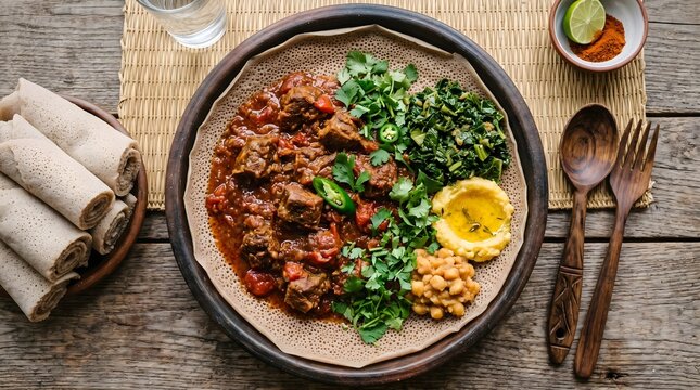 Traditional Ethiopian injera flatbread with spicy beef stew, authentic African cuisine platter with assorted vegetable sides and rolled sourdough bread
