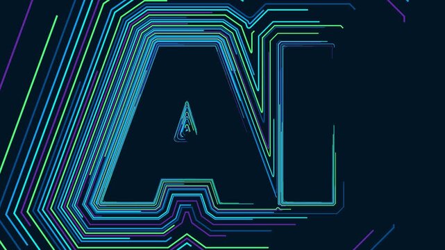 AI Text Formed by Glowing Neon Digital Circuit Lines. Motion graphics video of Artificial Intelligence AI text outlined by pulsating blue and cyan neon circuit lines on a dark background representing 