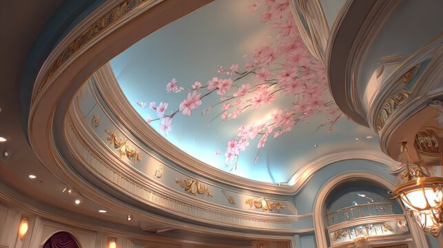 Ornate interior architecture features a curved ceiling adorned with painted pink blossoms against a light blue sky