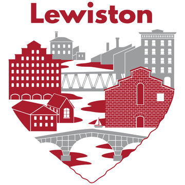 Lewiston Maine Historic Mill Town Vector Illustration with Red and Gray Industrial Brick Factories, Canals, and Stone Bridge Design