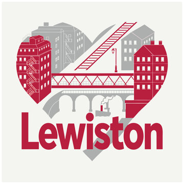 Lewiston Graphic Design in Heart Shape with Historic Mill Buildings, Bridges, and Steamboat, Maine Industrial Heritage Vector Illustration