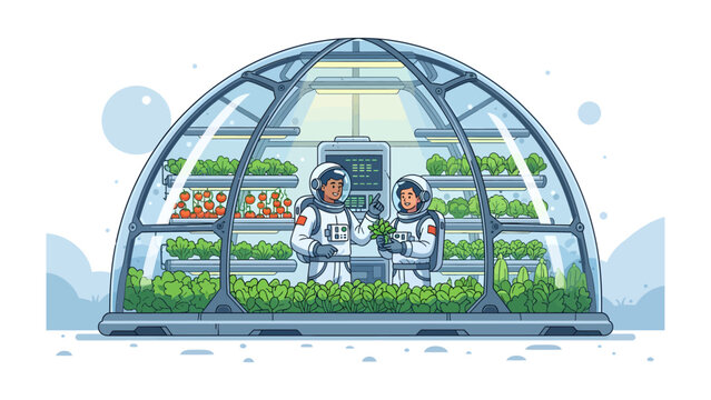 Martian Greenhouse: Two astronauts tend to a vibrant, sustainable hydroponic garden inside a biodome on Mars, symbolizing future extraterrestrial agriculture and human exploration.
