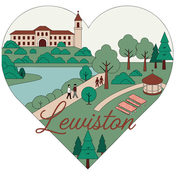 Lewiston Heart Shaped Vector Illustration Featuring Scenic Riverfront Park, Gazebo, Picnic Tables, and Historic Building - Tourism and Travel Poster Graphic