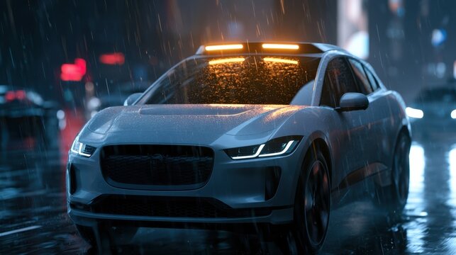 Front threequarter angle view of a sleek electric crossover featuring a focused compact lidar sensor and radar module set against a rainy cityscape with soft outoffocus traffic and