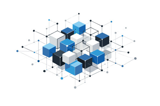 Abstract geometric cube structure with connected lines and dots on a white background representing digital concepts, technology architecture, and innovative engineering in a clean vector style.