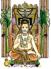 Fototapeta premium Raghavendra Swamy sitting in a floral shrine with sugarcane for Hindu religious festival celebration art.