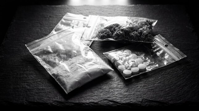 White powder, prescription pills, and marijuana on a dark background. Drug addiction, trafficking, and criminal evidence concept.