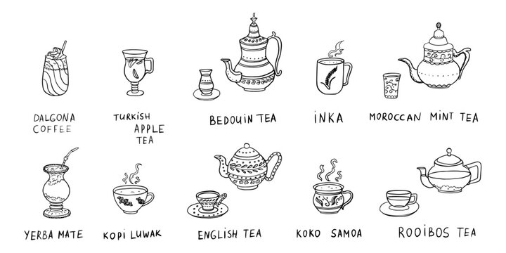 Set of various teapots and cups. Various drinks from different cultures. Apple tea, yerba mate, kopi luwak, koko samoa, inka, english tea, dalgona coffee, bedouin tea, rooibos tea. Hand drawn