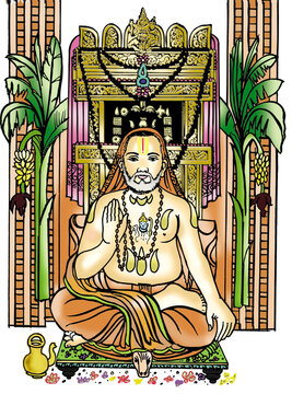 Raghavendra Swamy sitting in a floral shrine with sugarcane for Hindu religious festival celebration art.