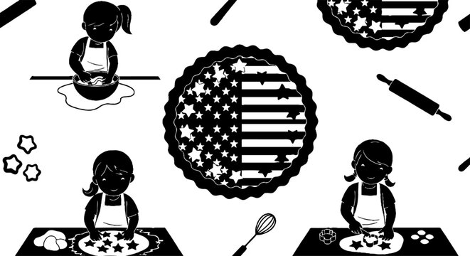 Children baking stars and stripes flag pie silhouette pattern