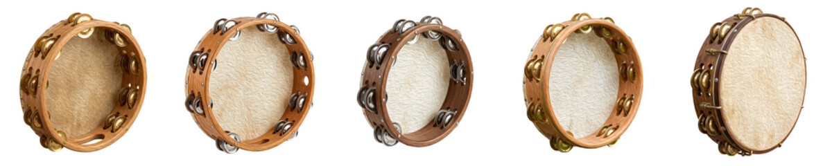Obraz premium Traditional Handheld Tambourines Collection Isolated on White Background for Musical Education, Orchestral Percussion, and Folk Music Performance - High-Quality Stock
