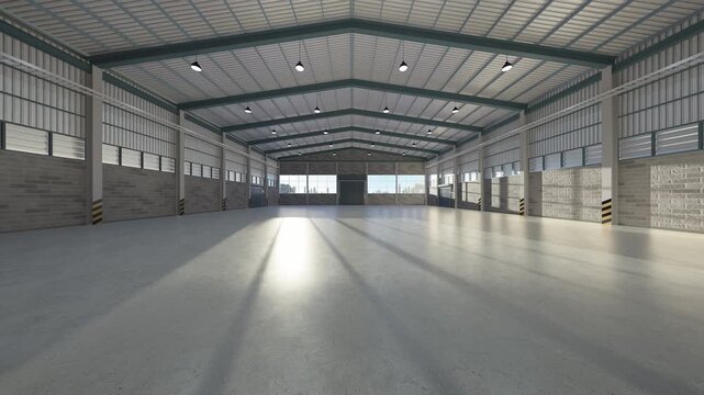 3D render of industrial warehouse interior. Empty space with roller shutter doors and polished concrete floor. Filled with bright, natural light, perfect modern background for product display.