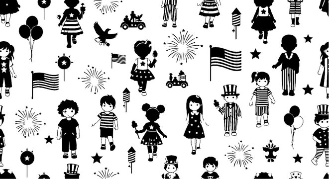 Patriotic children celebrating with flags and fireworks seamless pattern