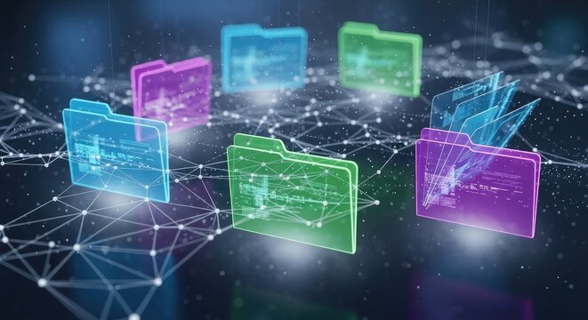 Abstract digital folders connected by lines representing information technology