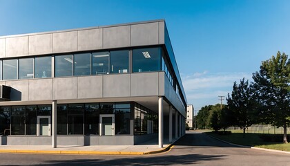 Obraz premium Contemporary grey concrete office building with large glass windows and green trees under a clear blue sky, showcasing modern architecture and a