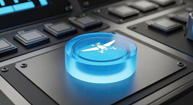 Close up of a glowing blue button with a bird symbol on a futuristic control panel.