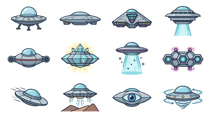 Collection of diverse flying saucer and alien spacecraft illustrations. © Zadar