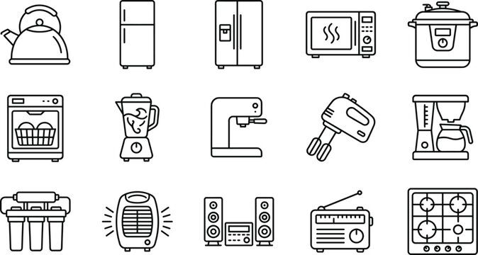 Kitchen appliance icons outline set, household electronics collection, cooking appliances symbols, modern home equipment, minimalist vector illustration