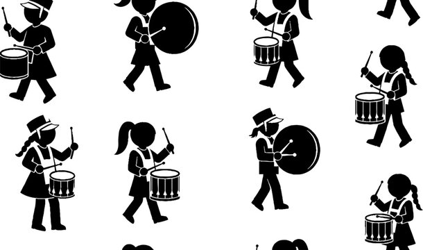 Marching band children playing drums seamless silhouette pattern