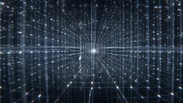 Glowing light particles travel through a complex web of interconnected lines representing digital data transmission networks